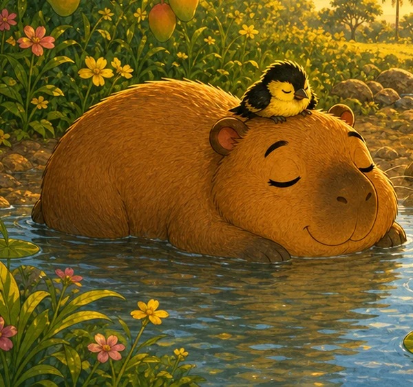 Chiwy the capybara floating peacefully in the river