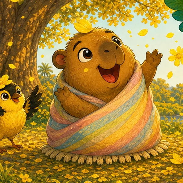 Nena, the littlest capybara, wrapped in her rainbow cobija