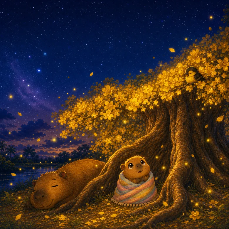 Bajo Mi Sombra cover — Nena tucked into the glowing roots of the araguaney tree at night