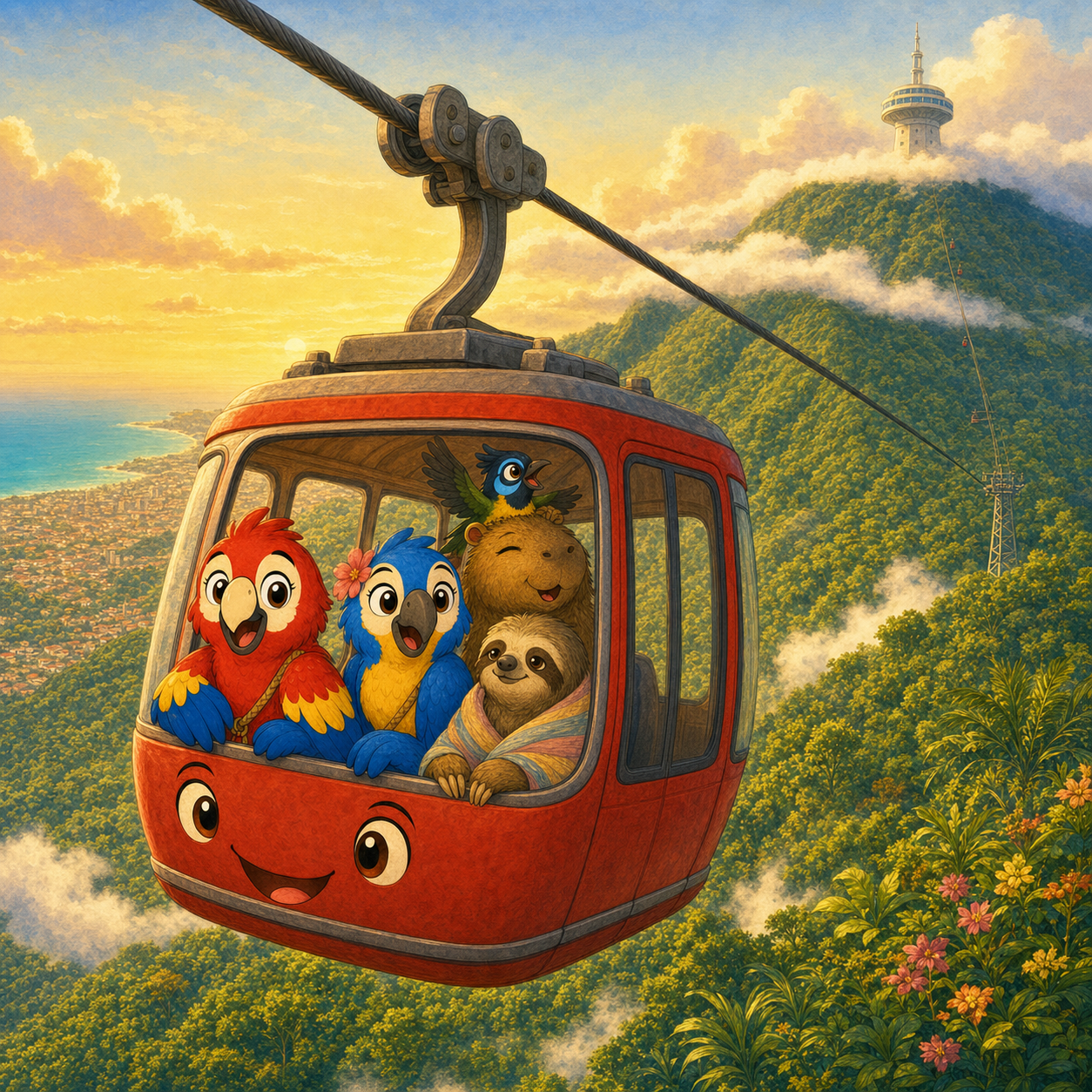 El Ávila / Waraira Repano cover — the familia riding the red teleférico up the great green mountain of Caracas