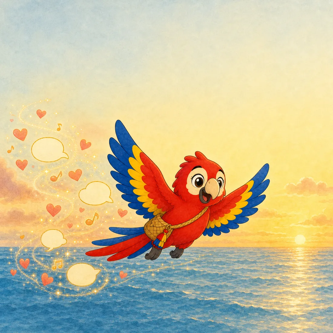 Maya the scarlet macaw flying over the sea, carrying words and songs in her morral