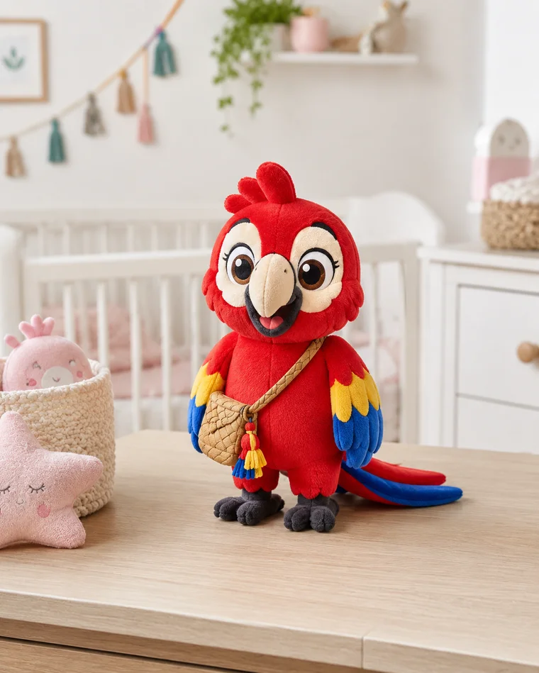 Maya plush toy — a soft red macaw plushie with tricolor wings and her little woven morral
