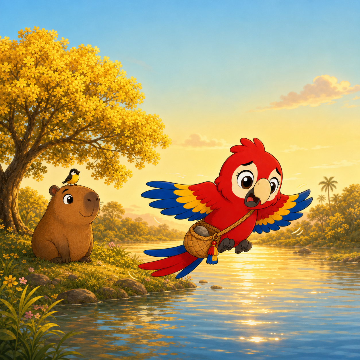 El Secreto Pesado cover — Maya flying low over the river, her morral heavy with a gray stone