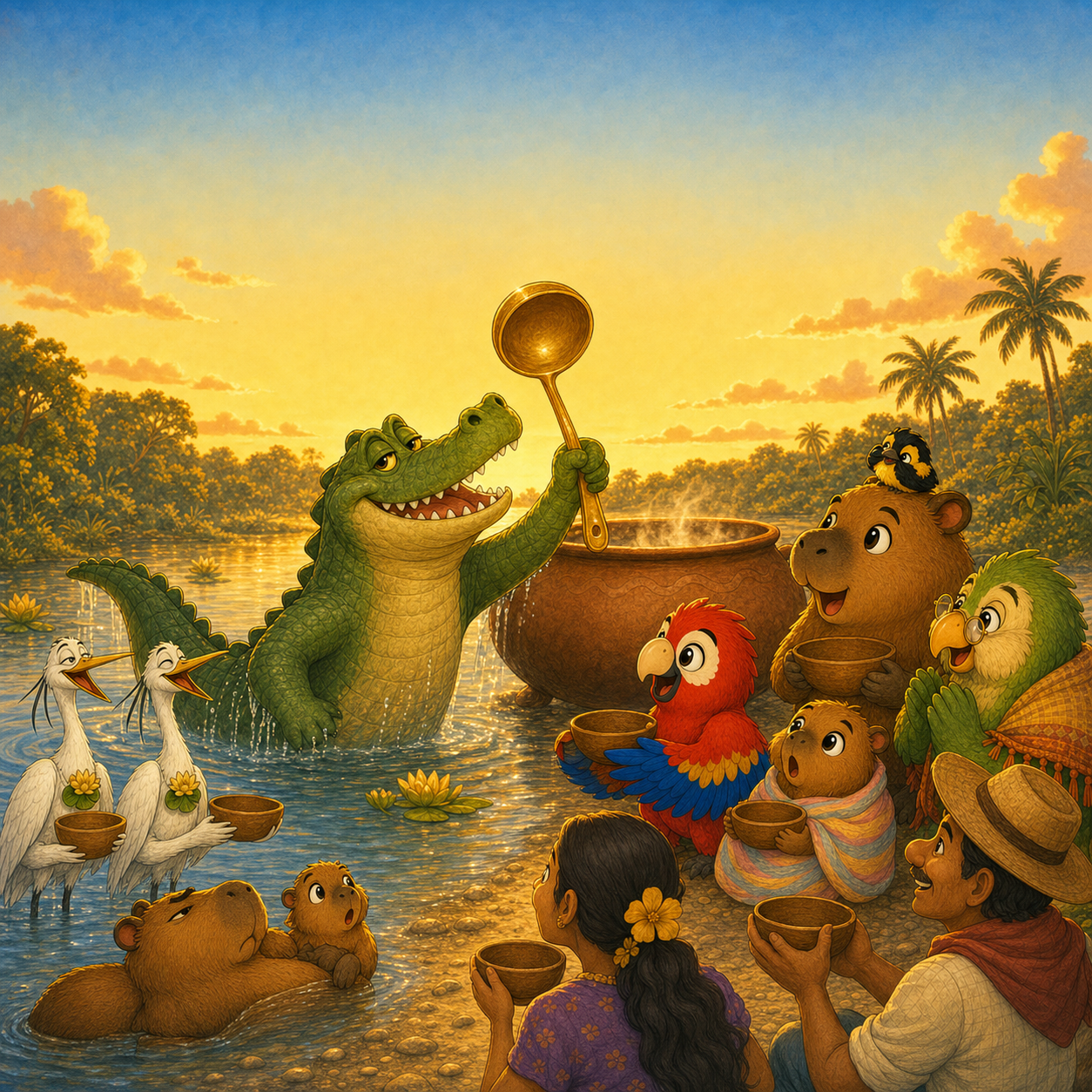 La Sopa de Todos cover — el Caimán raising his golden ladle beside the great soup pot