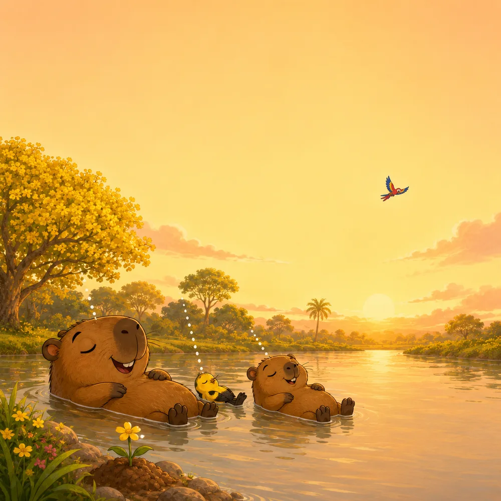 Chiwy and his familia floating peacefully in the river at golden hour